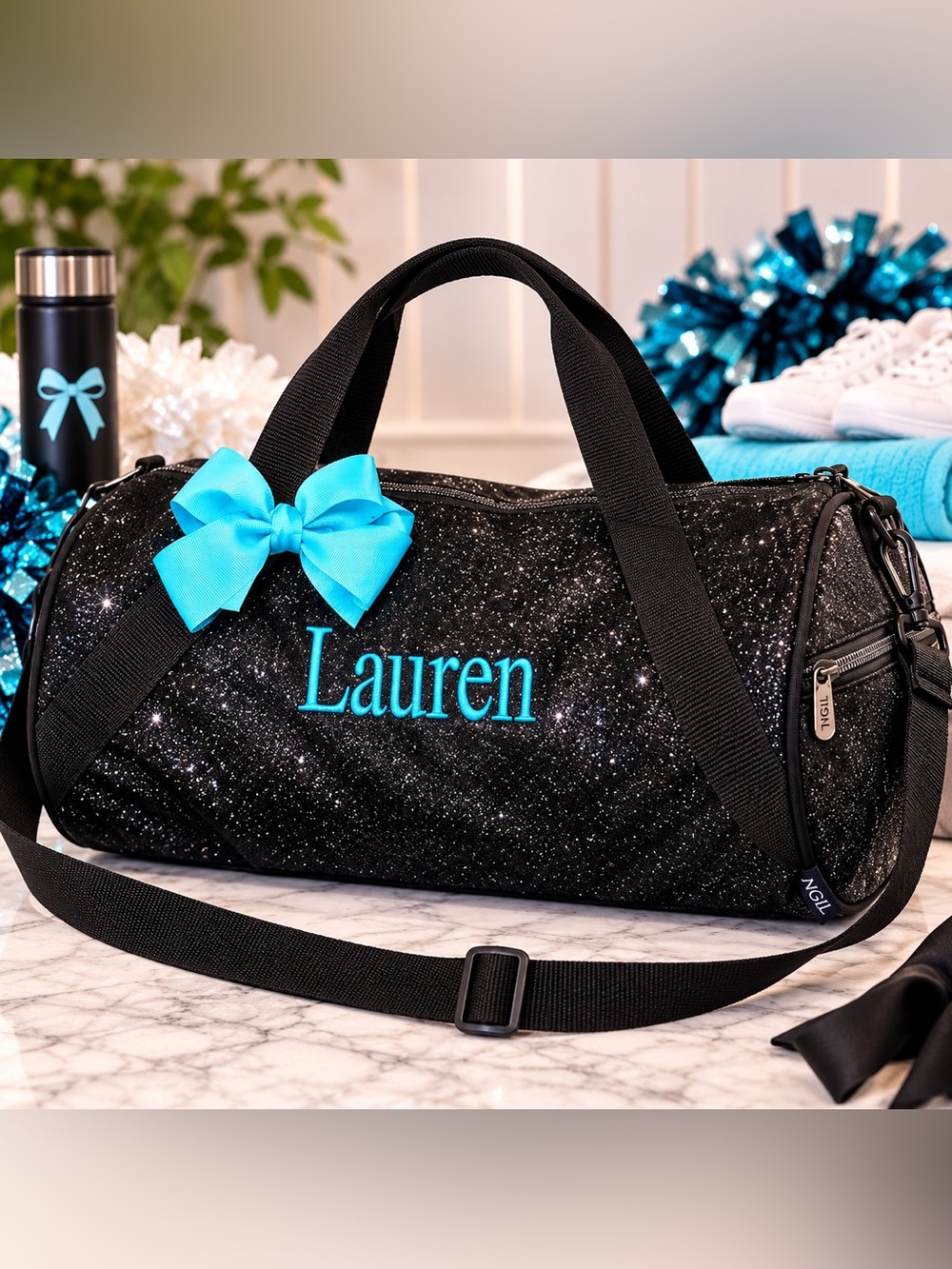 NGIL Black Glitter Duffel Bag Custom “Lauren” Cheer Dance Gym Weekender